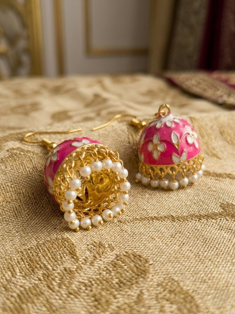 Traditional Pink Meenakari Jhumka Earrings with Faux Pearl Drops