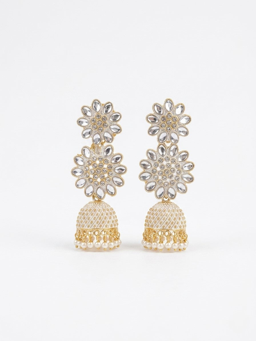 Traditional Gold-Plated White Enamel Jhumka Earrings with Crystal Flowers