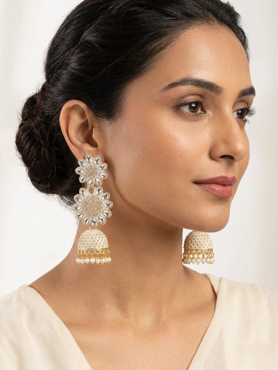 Traditional Gold-Plated White Enamel Jhumka Earrings with Crystal Flowers