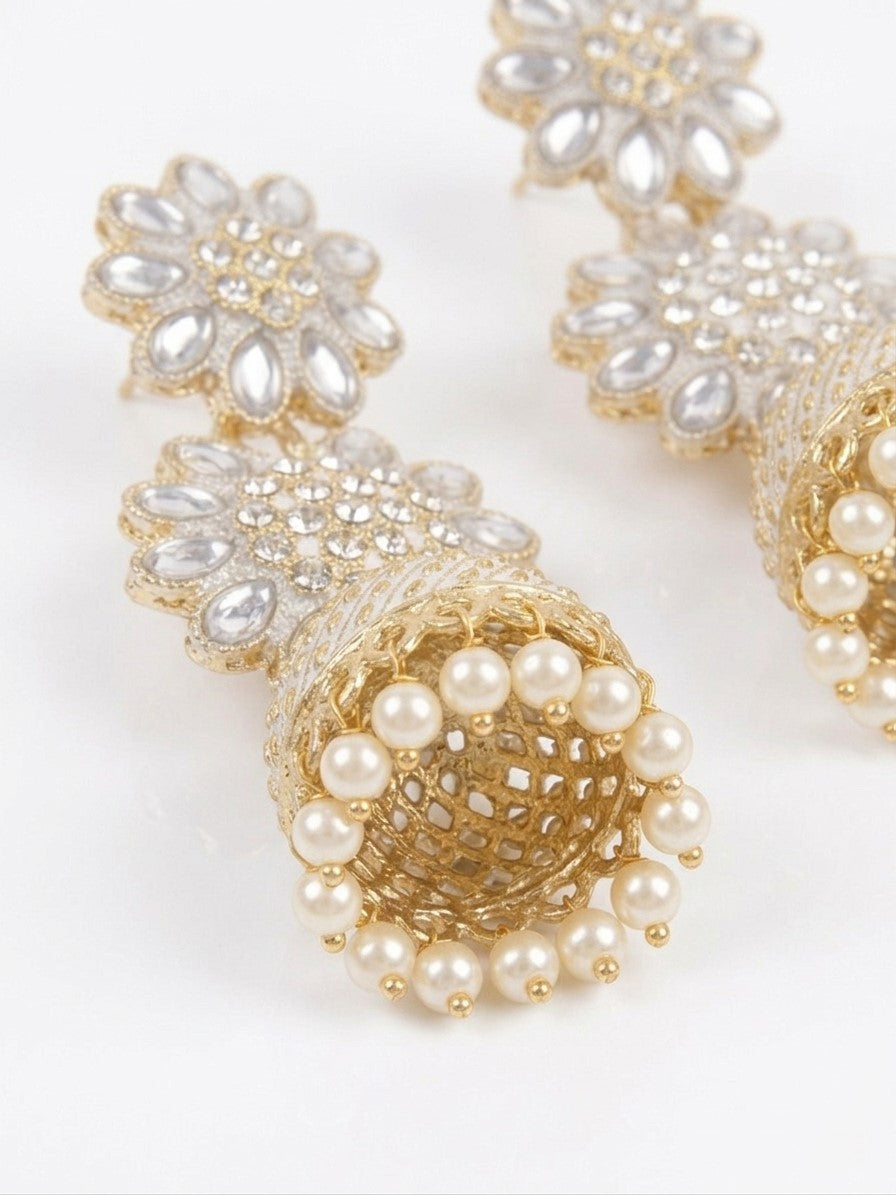 Traditional Gold-Plated White Enamel Jhumka Earrings with Crystal Flowers