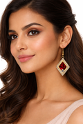 Diamond Shape Red Gem Drop Earring – Gold Setting with Crystal Halo