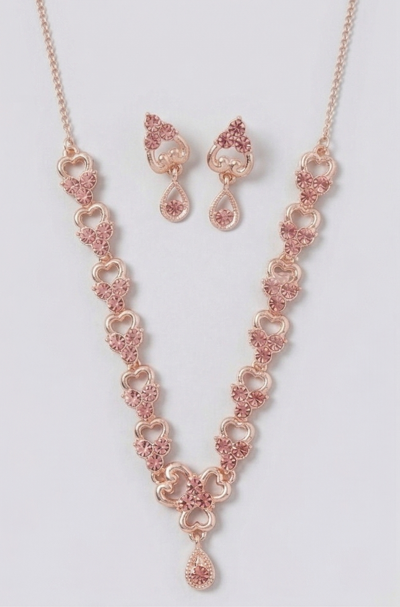 Rose Gold Blush Pink Crystal Necklace & Earring Set – Heart Cluster Teardrop Imitation Jewellery for Women