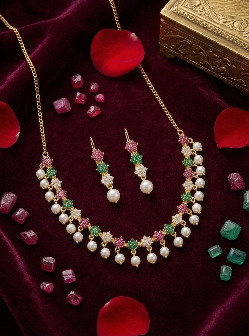 Traditional Gold-Plated Crystal & Pearl Choker Necklace with Matching Studs imitation