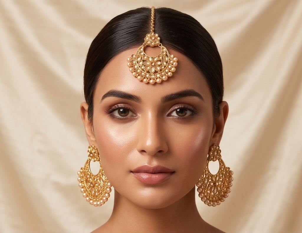 Gold-Plated Kundan Chandbali Earring & Maang Tikka Set with Champagne Pearls