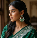 Green & Silver Leaf Drop Earrings – Handcrafted Nature-Inspired Half-Hoop Earrings with Pearl Accents