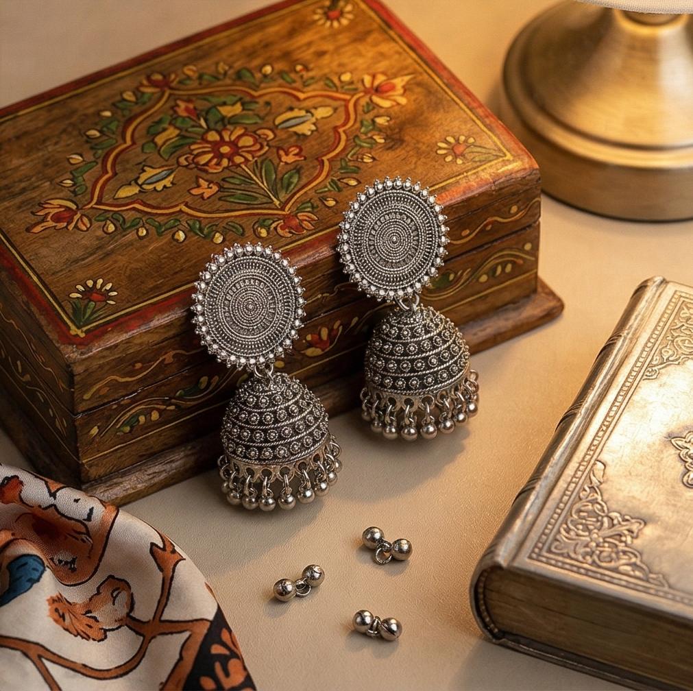 Silver Jhumka Earrings with Connecting Chain – Handcrafted Ethnic Drop Earrings with Beaded Detailing