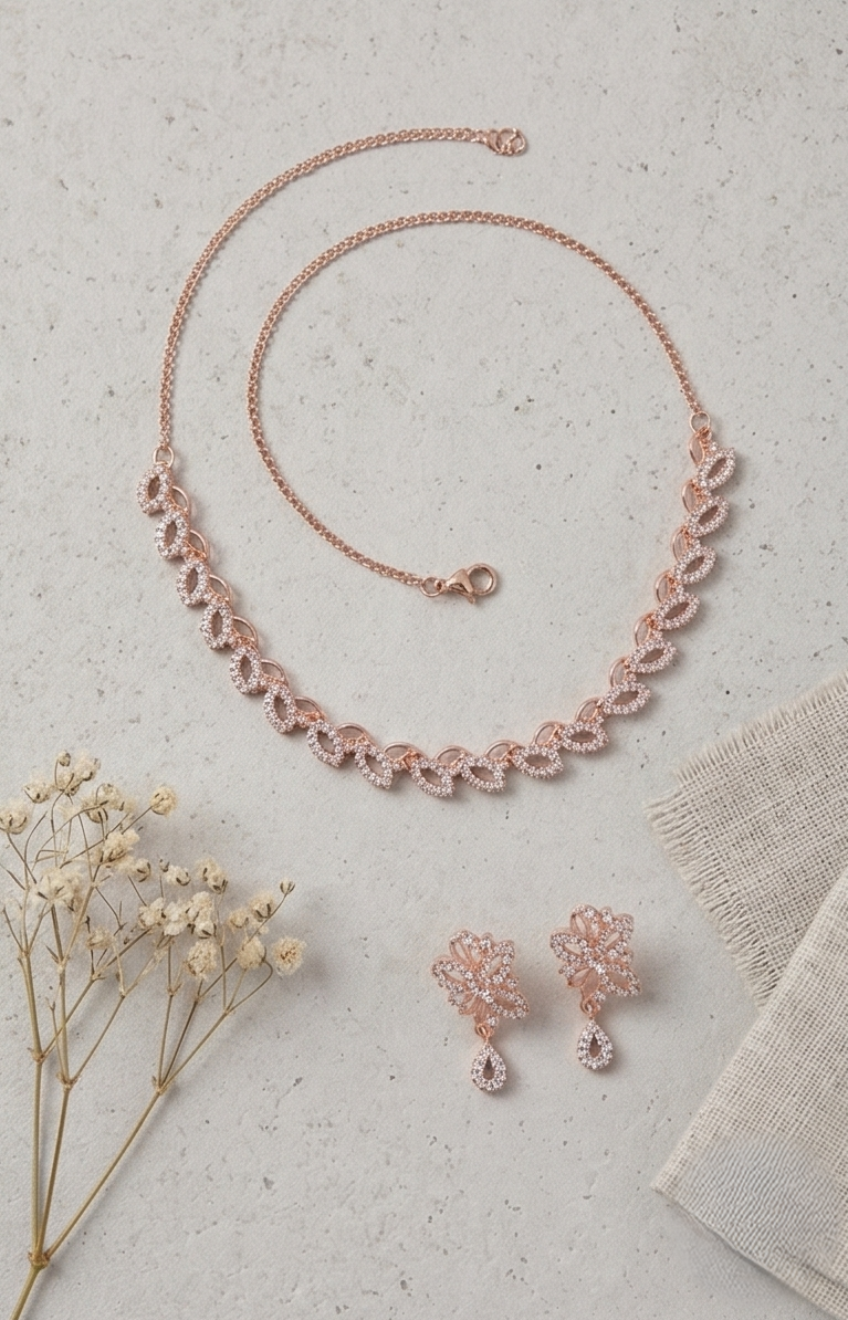 Rose Gold Floral Necklace & Earring Set – Crystal Drop Bridal Jewelry Set imitation