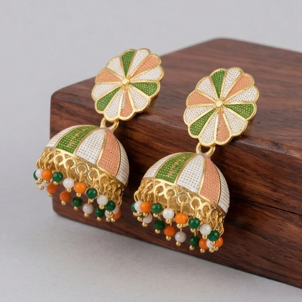 Gold-Plated Tricolor Meenakari Jhumka Earrings with Pastel Enamel Work