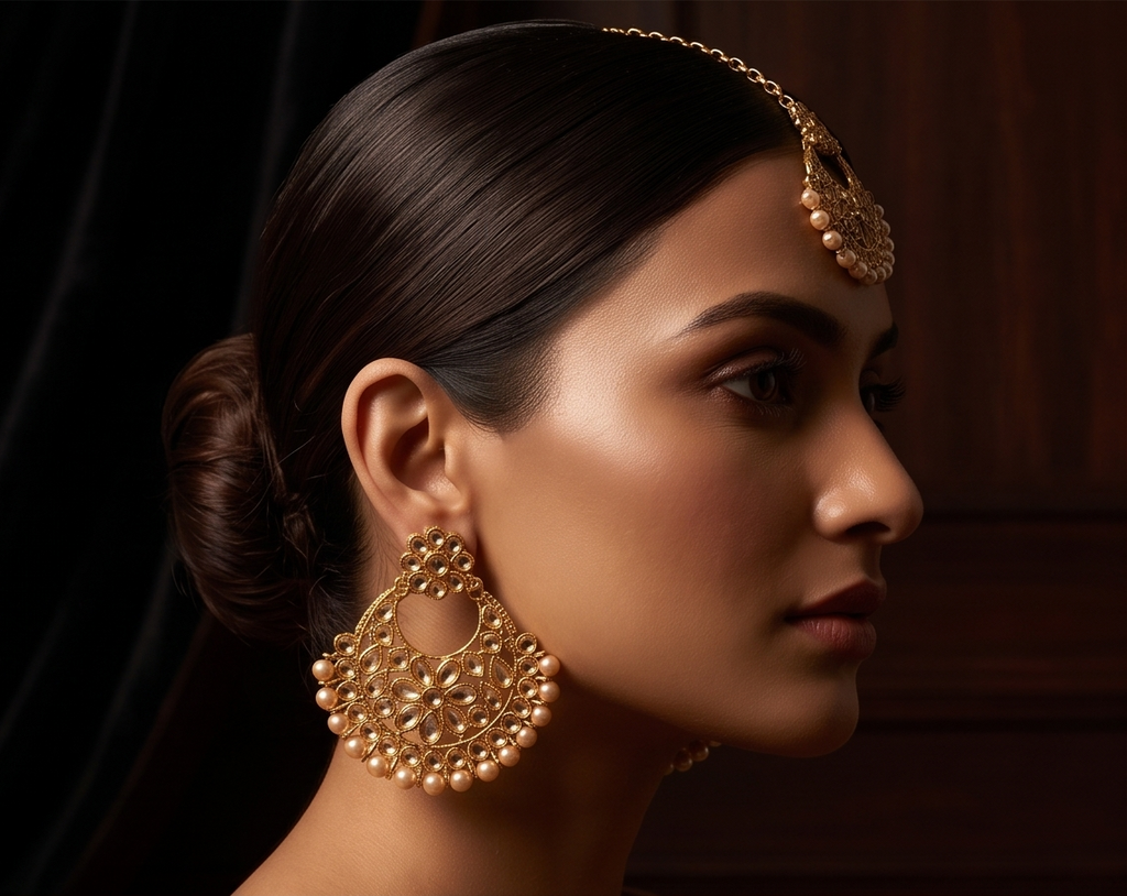 Gold-Plated Kundan Chandbali Earring & Maang Tikka Set with Champagne Pearls