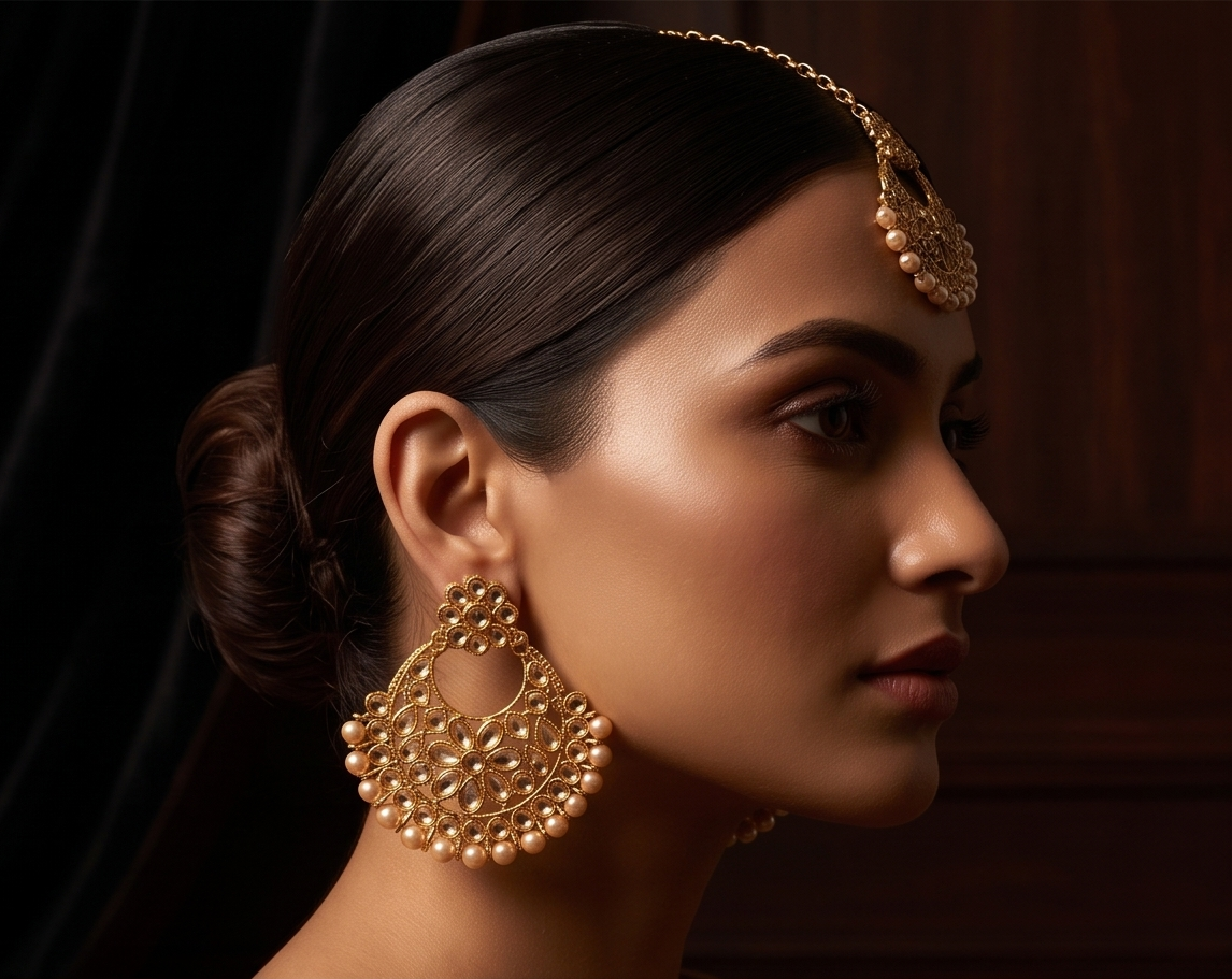 Gold-Plated Kundan Chandbali Earring & Maang Tikka Set with Champagne Pearls