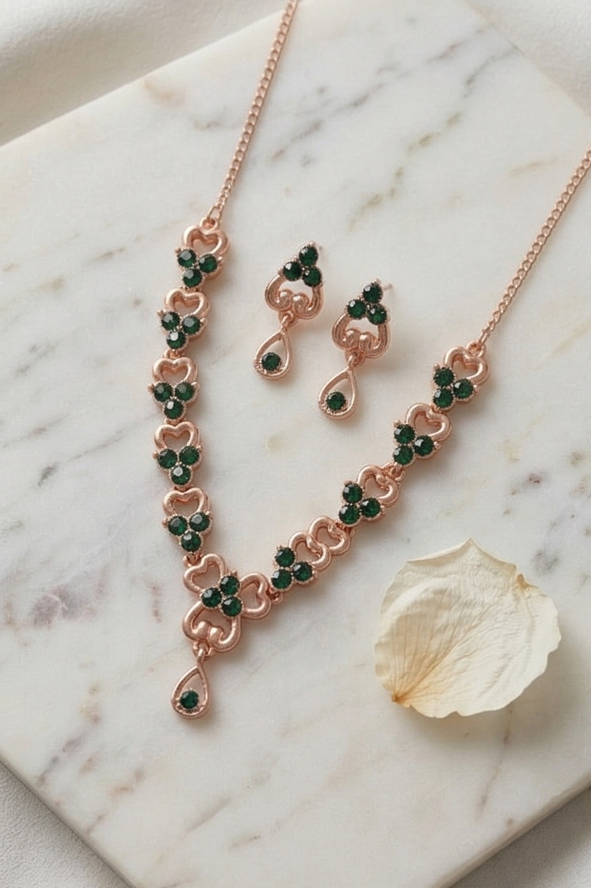 Rose Gold Emerald Green Crystal Necklace & Earring Set – Heart Link Teardrop Imitation Jewellery
