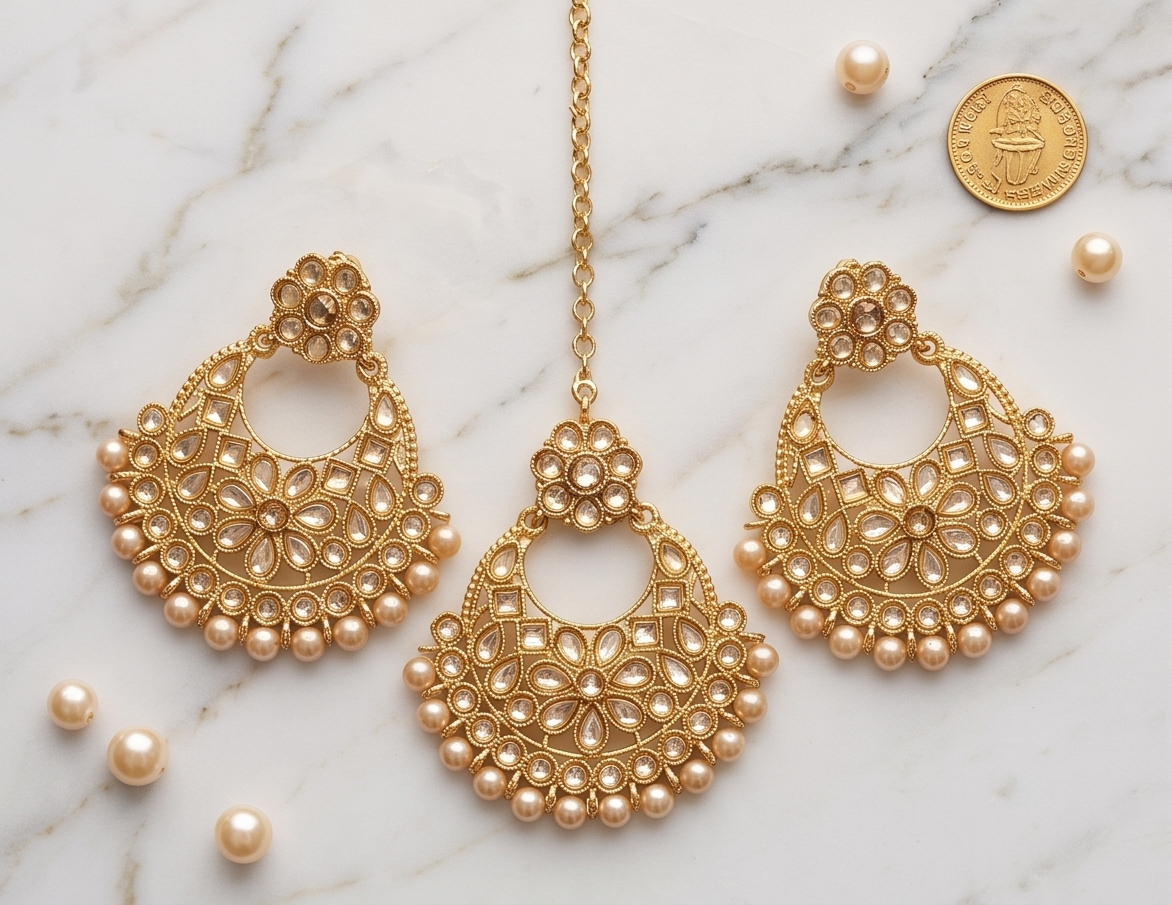 Gold-Plated Kundan Chandbali Earring & Maang Tikka Set with Champagne Pearls