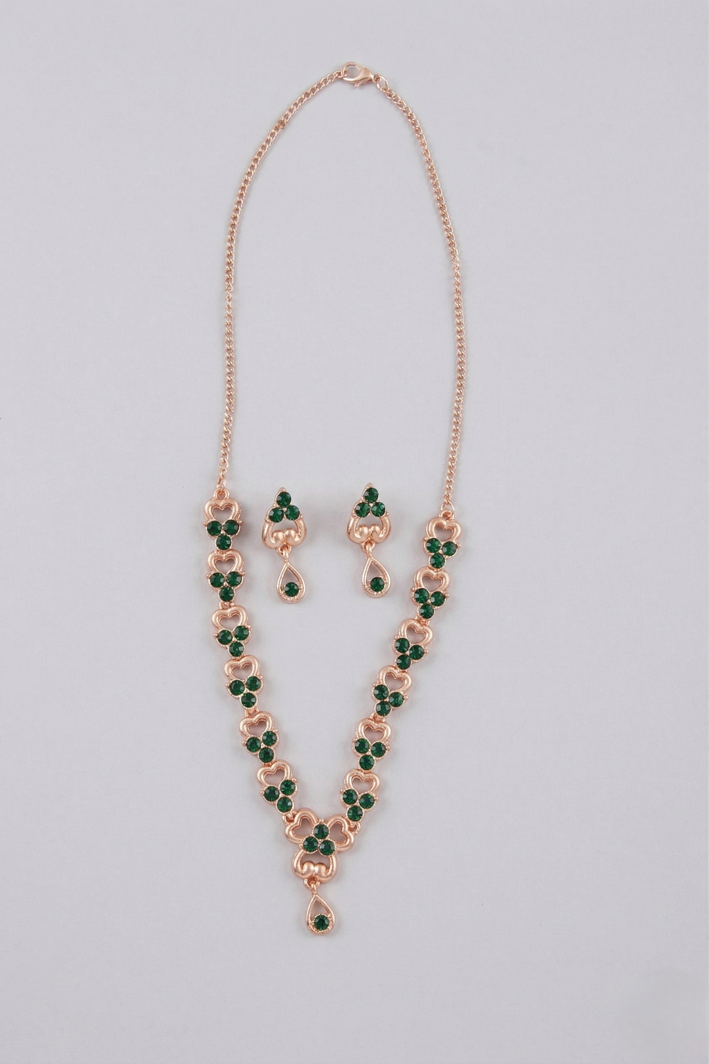 Rose Gold Emerald Green Crystal Necklace & Earring Set – Heart Link Teardrop Imitation Jewellery