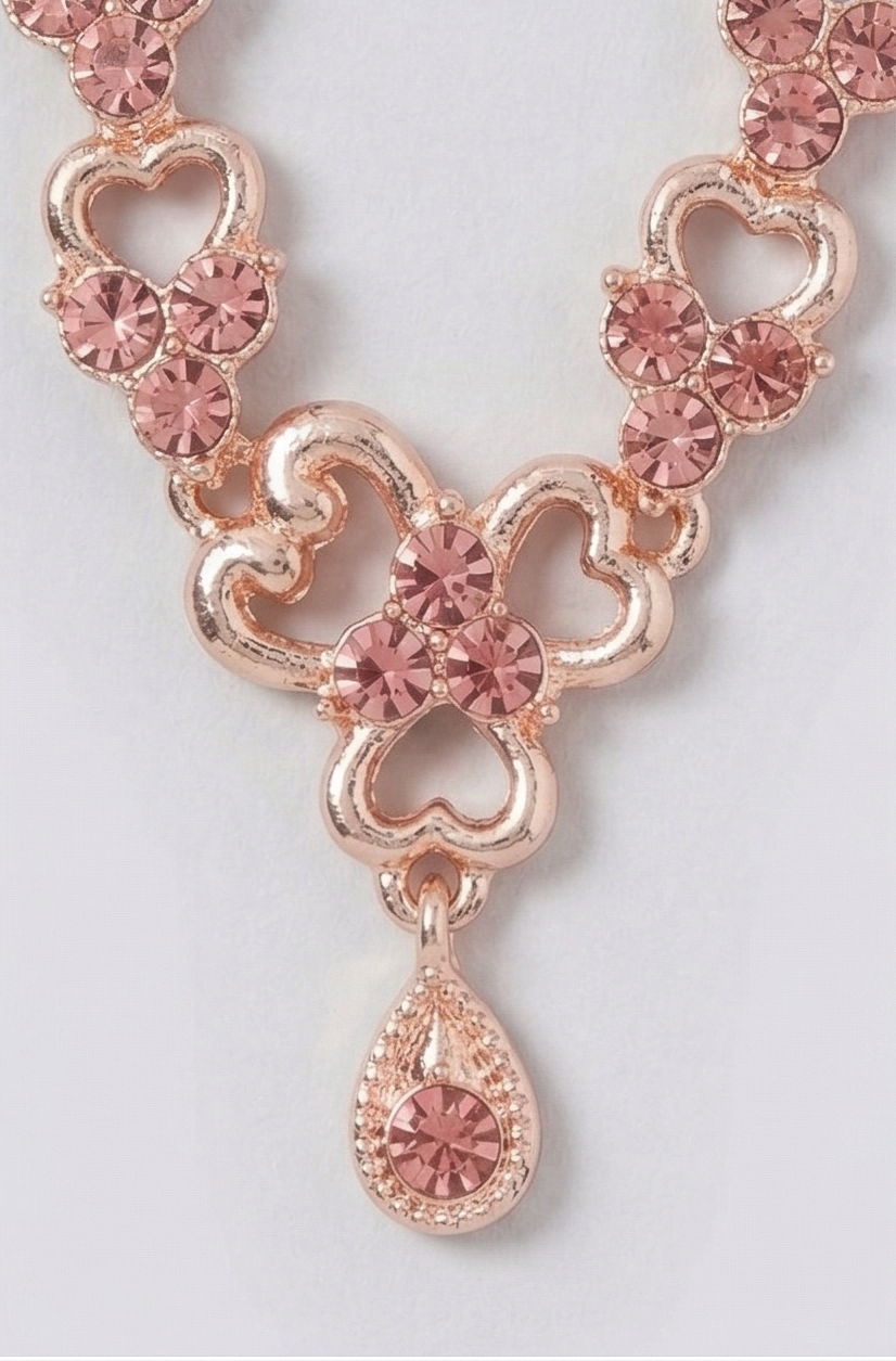 Rose Gold Blush Pink Crystal Necklace & Earring Set – Heart Cluster Teardrop Imitation Jewellery for Women