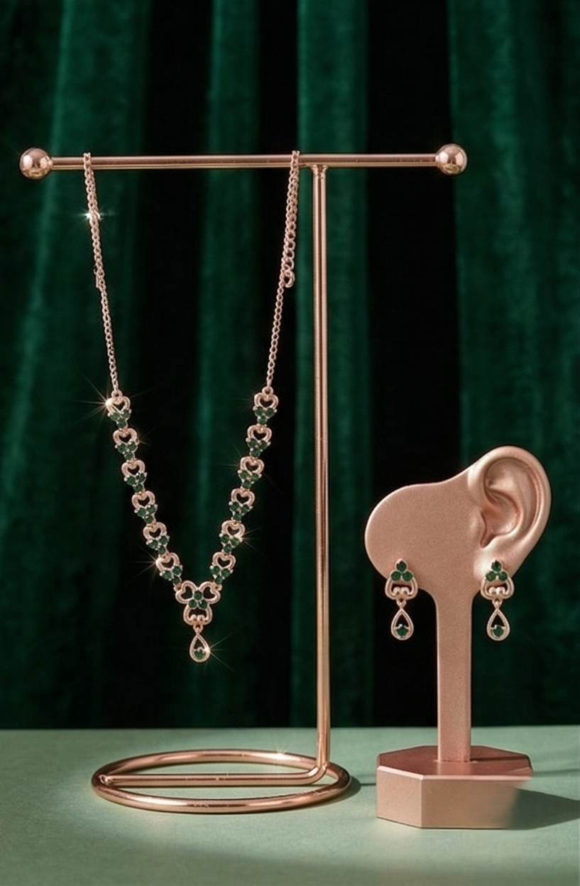 Rose Gold Emerald Green Crystal Necklace & Earring Set – Heart Link Teardrop Imitation Jewellery