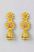 Haldi Yellow Tiered Sunflower Jhumka Earrings with Crystal Center