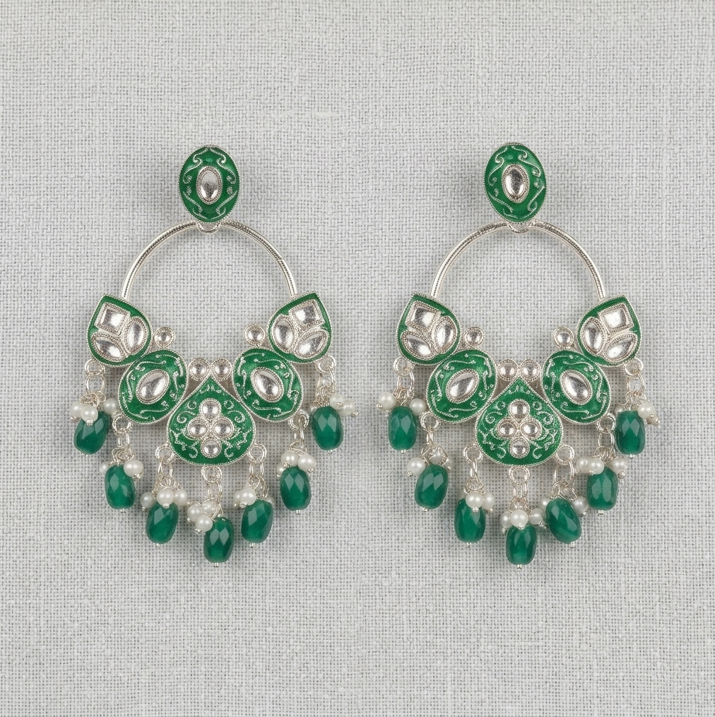 Green & Silver Leaf Drop Earrings – Handcrafted Nature-Inspired Half-Hoop Earrings with Pearl Accents