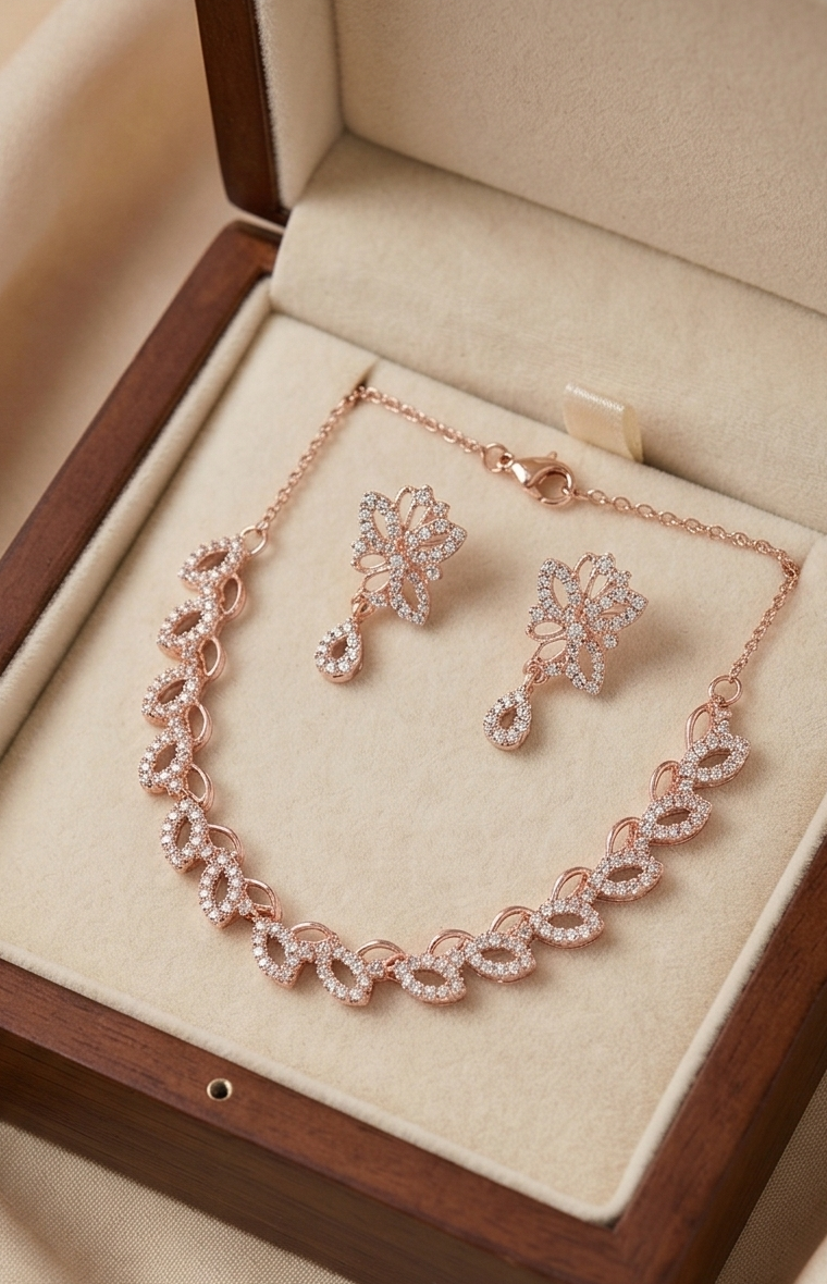 Rose Gold Floral Necklace & Earring Set – Crystal Drop Bridal Jewelry Set imitation