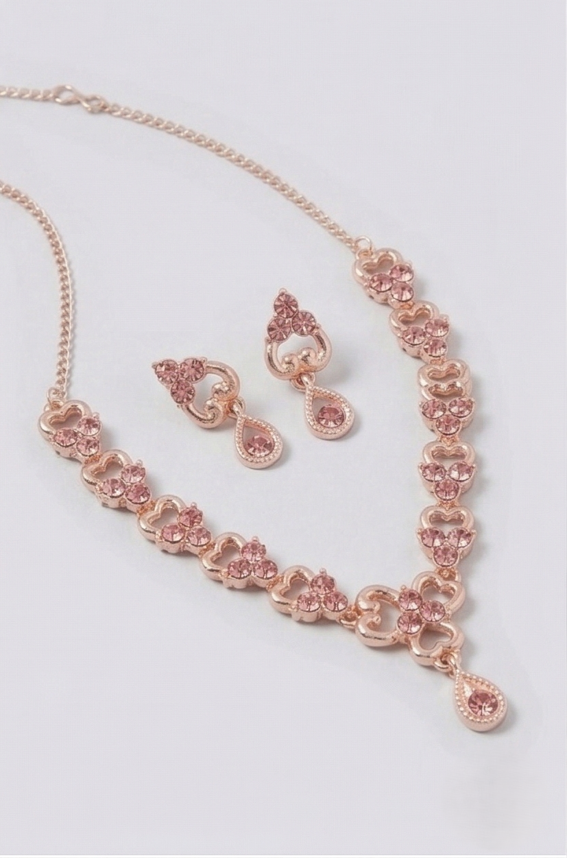 Rose Gold Blush Pink Crystal Necklace & Earring Set – Heart Cluster Teardrop Imitation Jewellery for Women