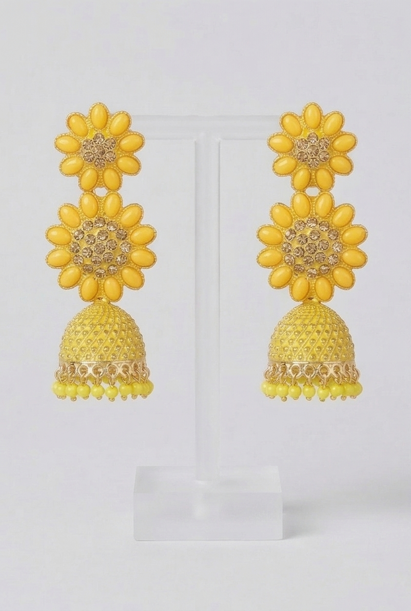 Haldi Yellow Tiered Sunflower Jhumka Earrings with Crystal Center