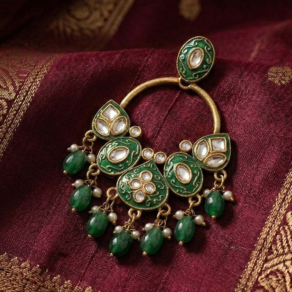 Green & Silver Leaf Drop Earrings – Handcrafted Nature-Inspired Half-Hoop Earrings with Pearl Accents