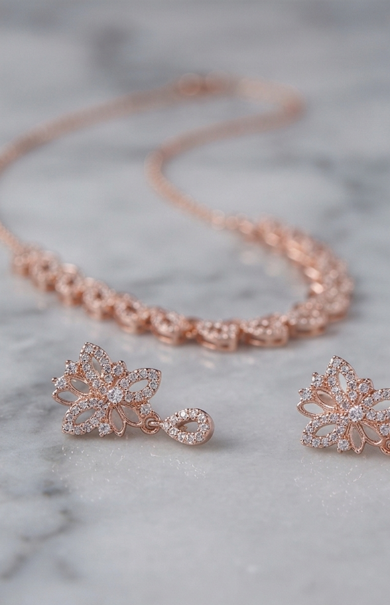 Rose Gold Floral Necklace & Earring Set – Crystal Drop Bridal Jewelry Set imitation