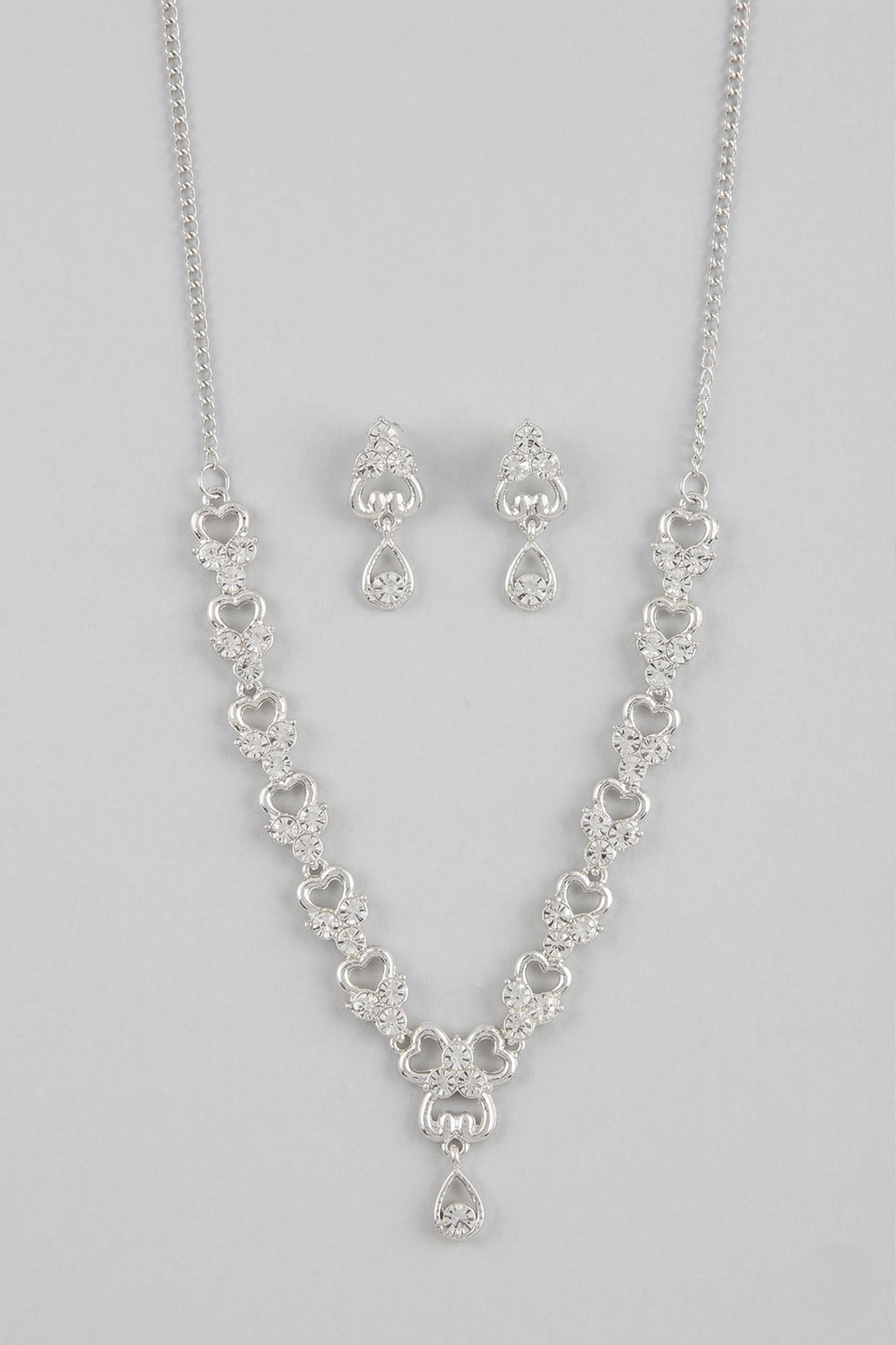 Silver Tone White Crystal Necklace – Heart Cluster Link Teardrop Pendant Imitation Jewellery for Women