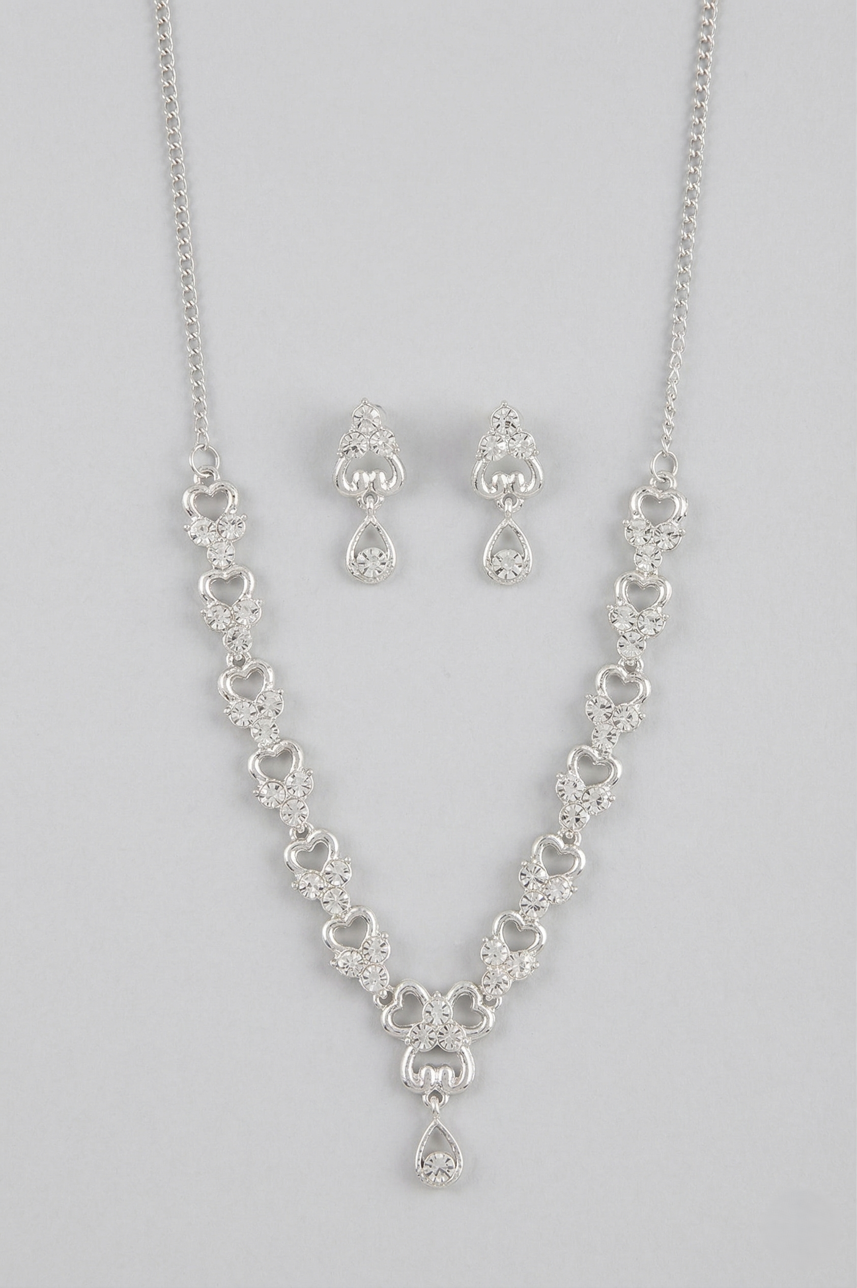 Silver Tone White Crystal Necklace – Heart Cluster Link Teardrop Pendant Imitation Jewellery for Women