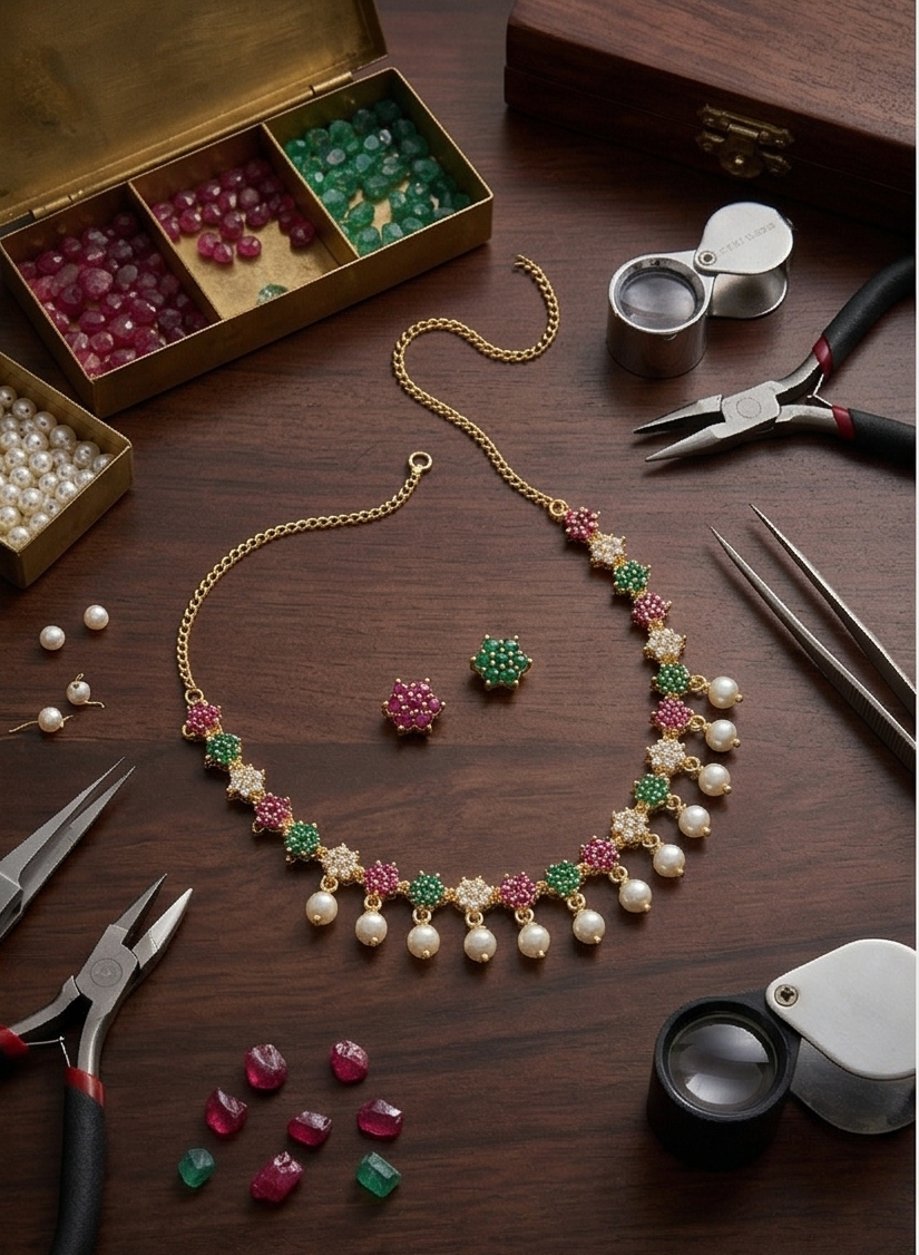 Traditional Gold-Plated Crystal & Pearl Choker Necklace with Matching Studs imitation