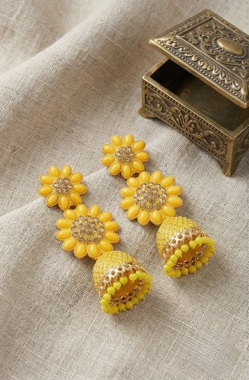 Haldi Yellow Tiered Sunflower Jhumka Earrings with Crystal Center