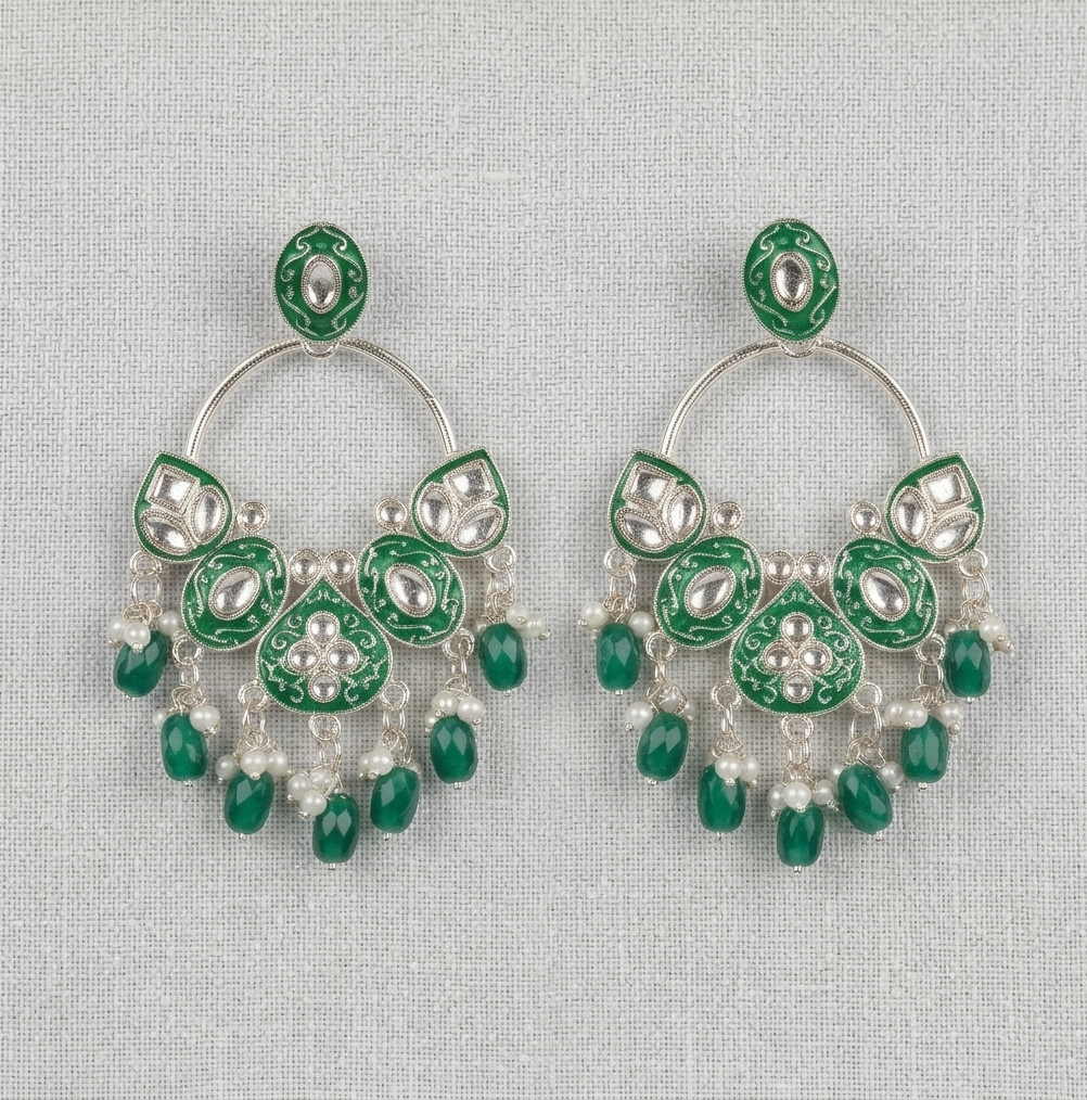 Green & Silver Leaf Drop Earrings – Handcrafted Nature-Inspired Half-Hoop Earrings with Pearl Accents