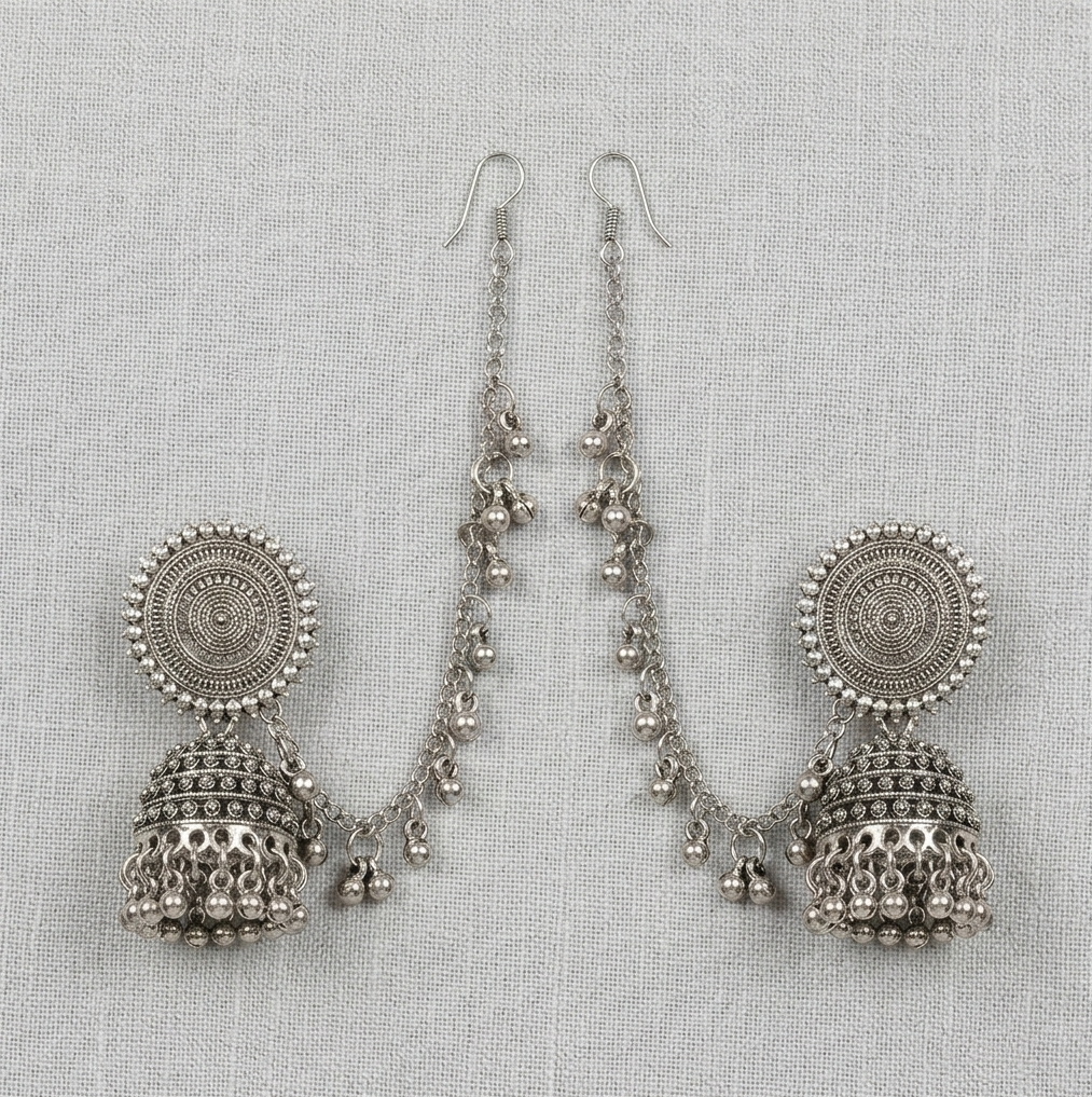 Silver Jhumka Earrings with Connecting Chain – Handcrafted Ethnic Drop Earrings with Beaded Detailing