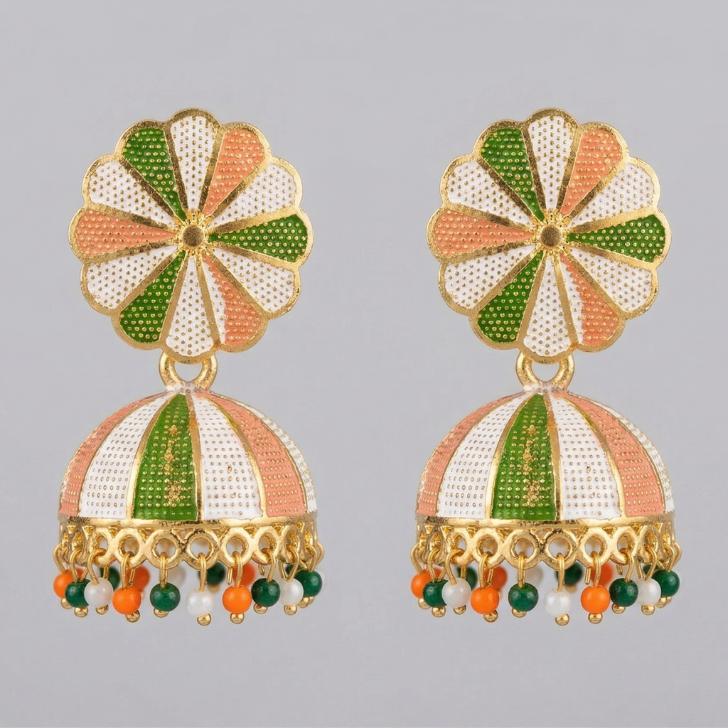 Gold-Plated Tricolor Meenakari Jhumka Earrings with Pastel Enamel Work