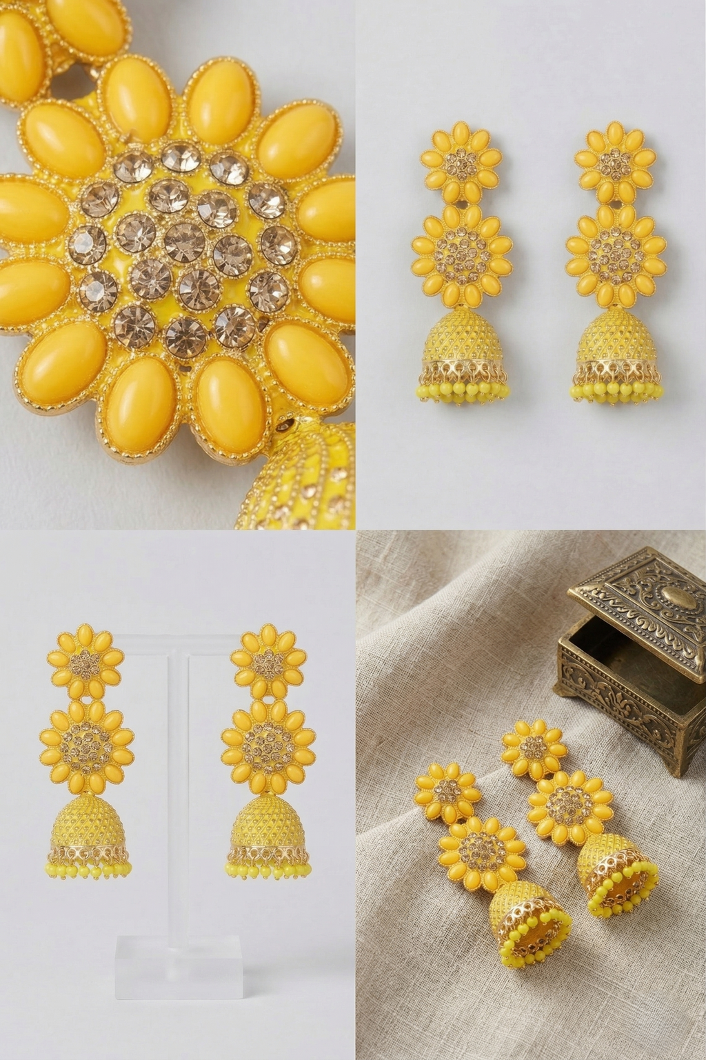 Haldi Yellow Tiered Sunflower Jhumka Earrings with Crystal Center