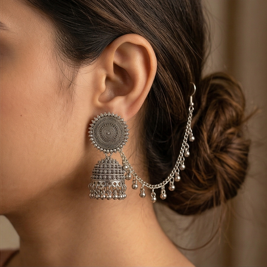 Silver Jhumka Earrings with Connecting Chain – Handcrafted Ethnic Drop Earrings with Beaded Detailing