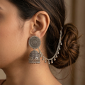 Silver Jhumka Earrings with Connecting Chain – Handcrafted Ethnic Drop Earrings with Beaded Detailing