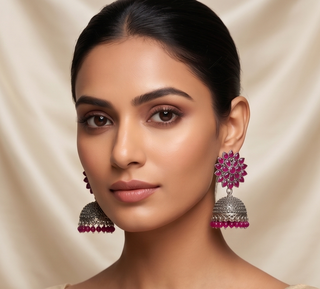 Silver & Magenta Jhumka Earrings – Floral Handcrafted Ethnic Drop Earrings with Pearl Accents