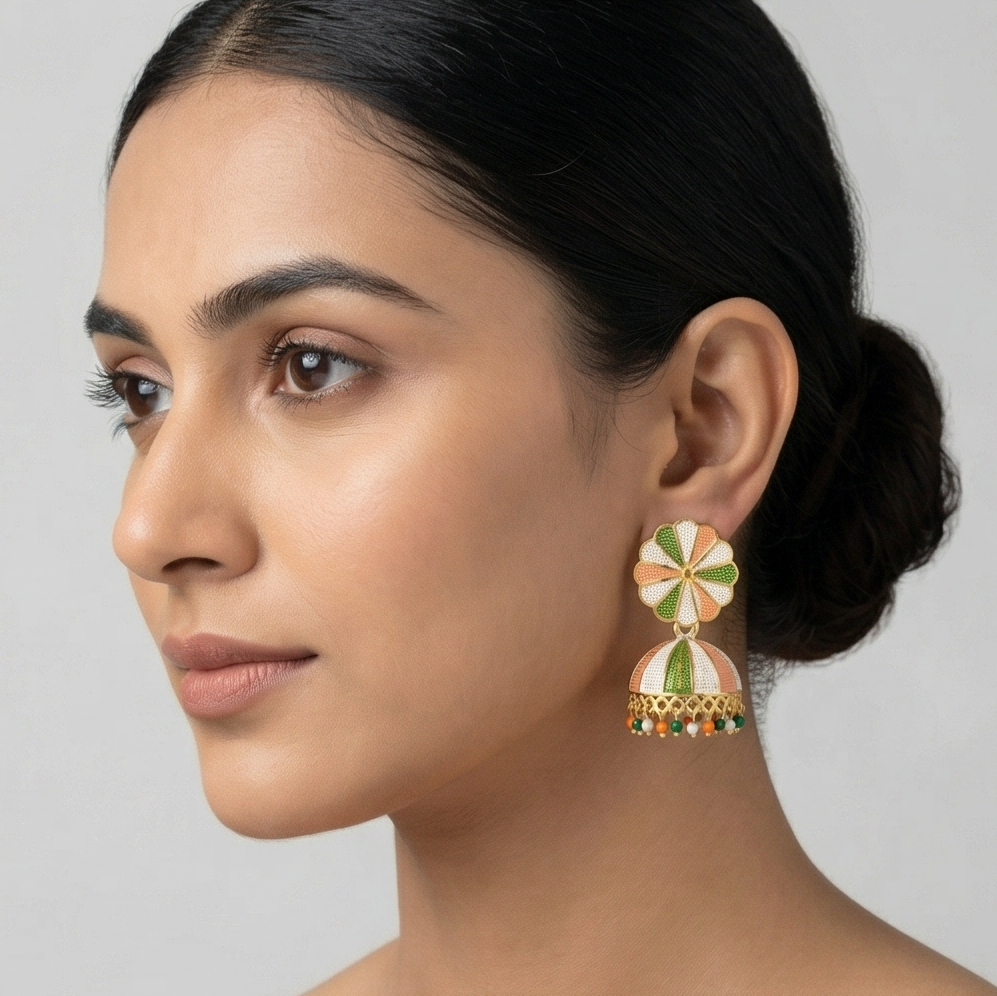 Gold-Plated Tricolor Meenakari Jhumka Earrings with Pastel Enamel Work