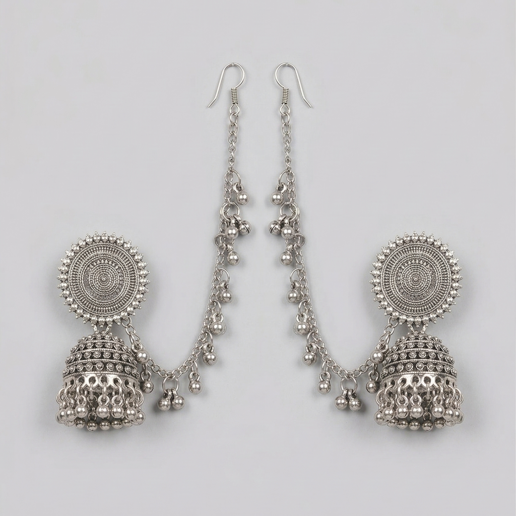 Silver Jhumka Earrings with Connecting Chain – Handcrafted Ethnic Drop Earrings with Beaded Detailing