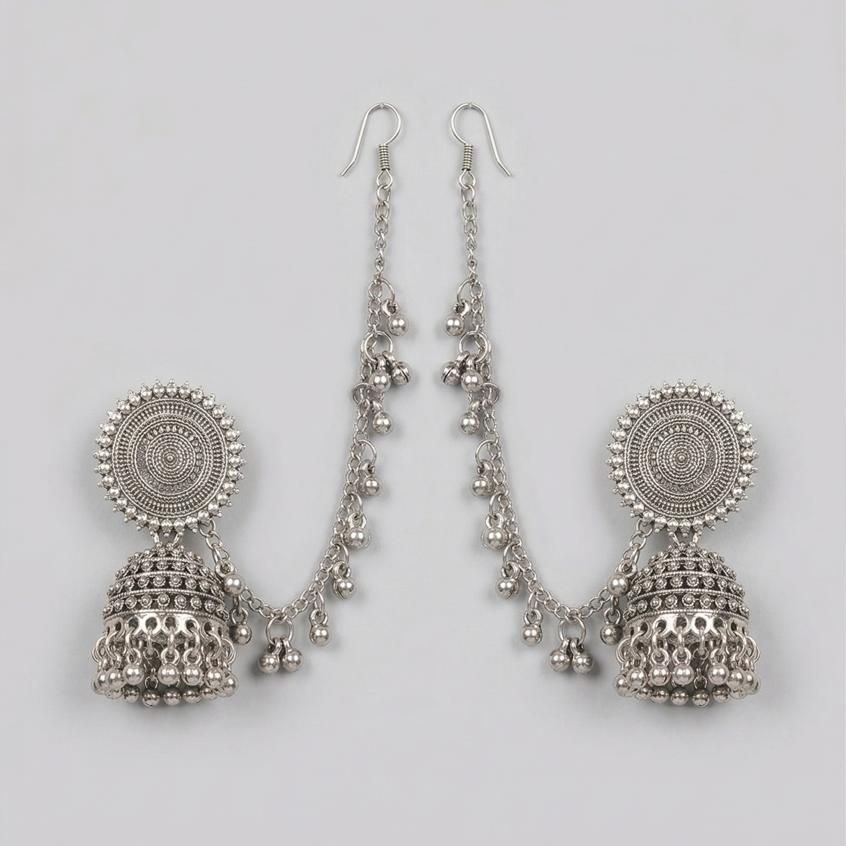 Silver Jhumka Earrings with Connecting Chain – Handcrafted Ethnic Drop Earrings with Beaded Detailing
