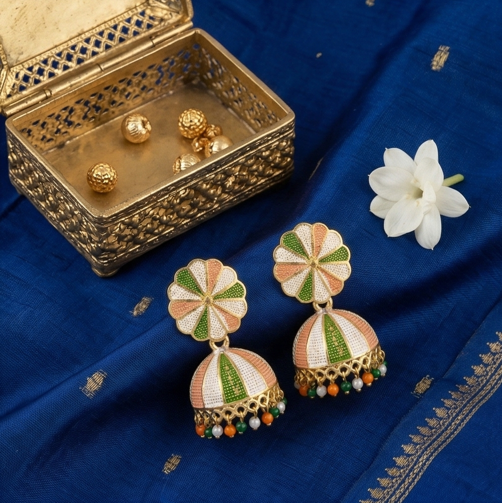 Gold-Plated Tricolor Meenakari Jhumka Earrings with Pastel Enamel Work