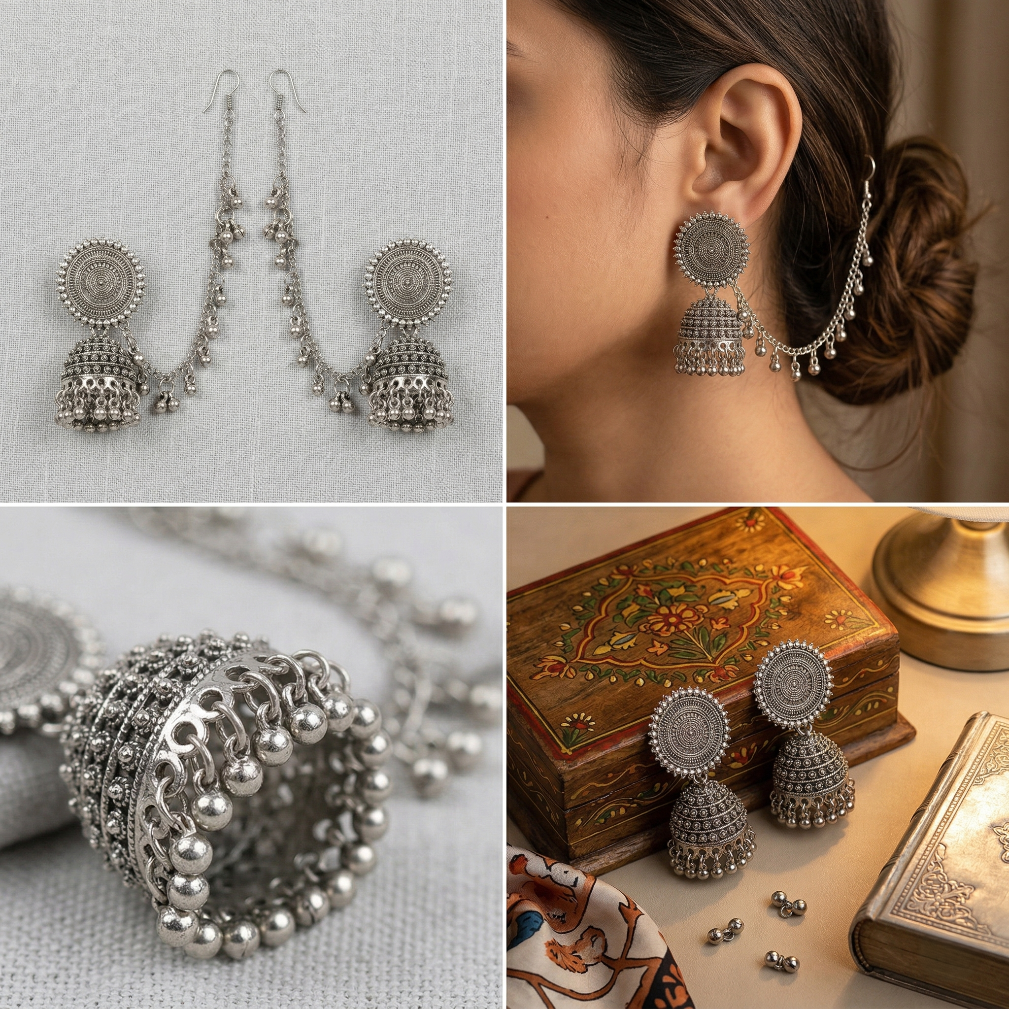 Silver Jhumka Earrings with Connecting Chain – Handcrafted Ethnic Drop Earrings with Beaded Detailing