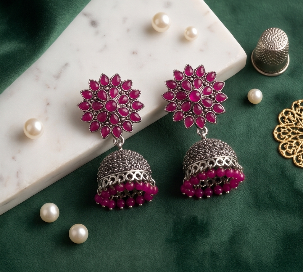 Silver & Magenta Jhumka Earrings – Floral Handcrafted Ethnic Drop Earrings with Pearl Accents