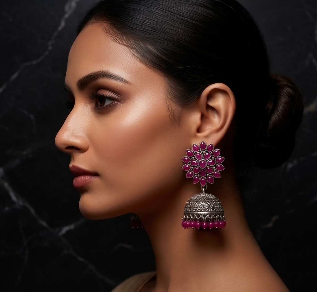 Silver & Magenta Jhumka Earrings – Floral Handcrafted Ethnic Drop Earrings with Pearl Accents