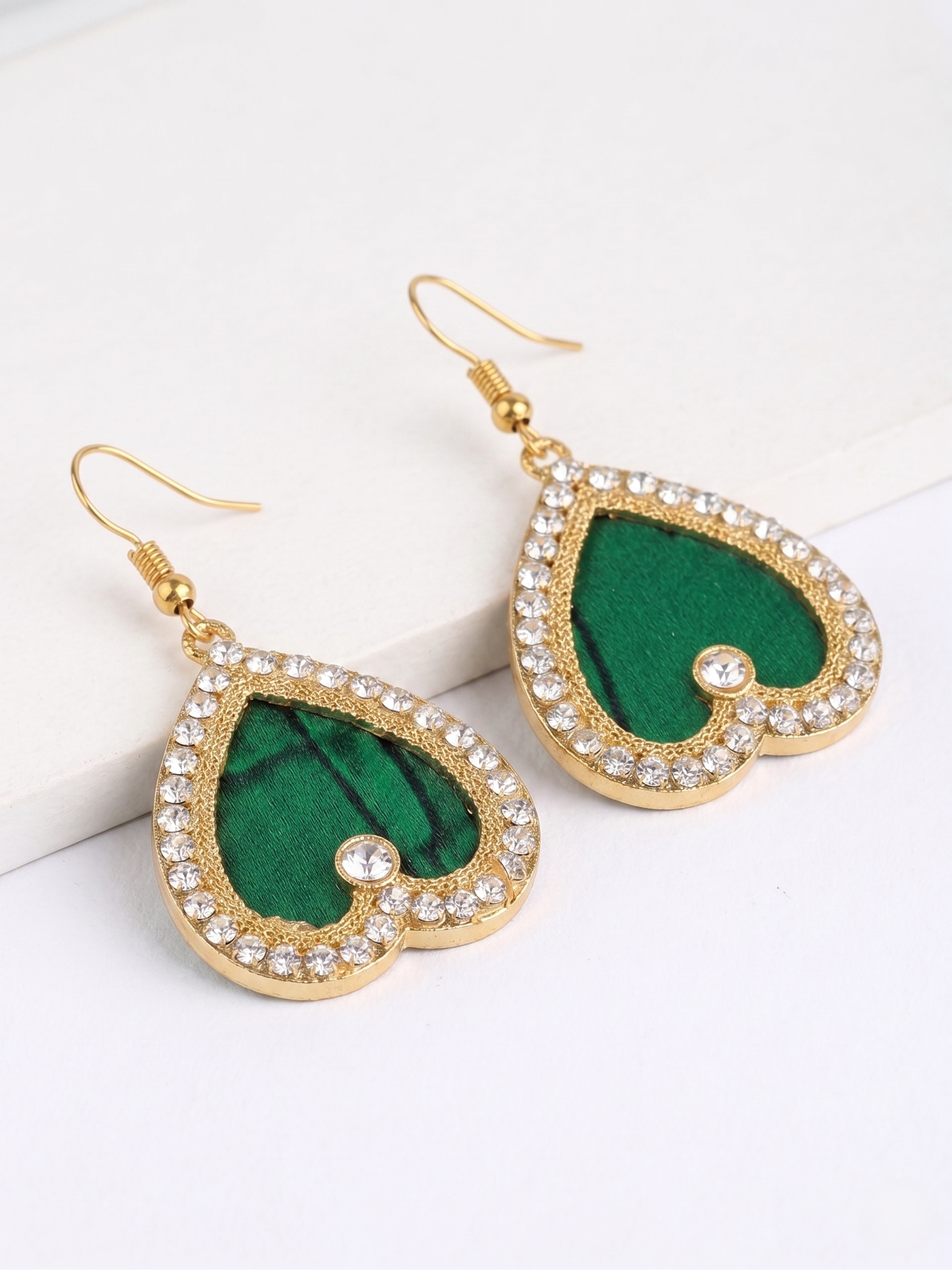 Green Enamel Heart & Crystal Gold Stud Earrings