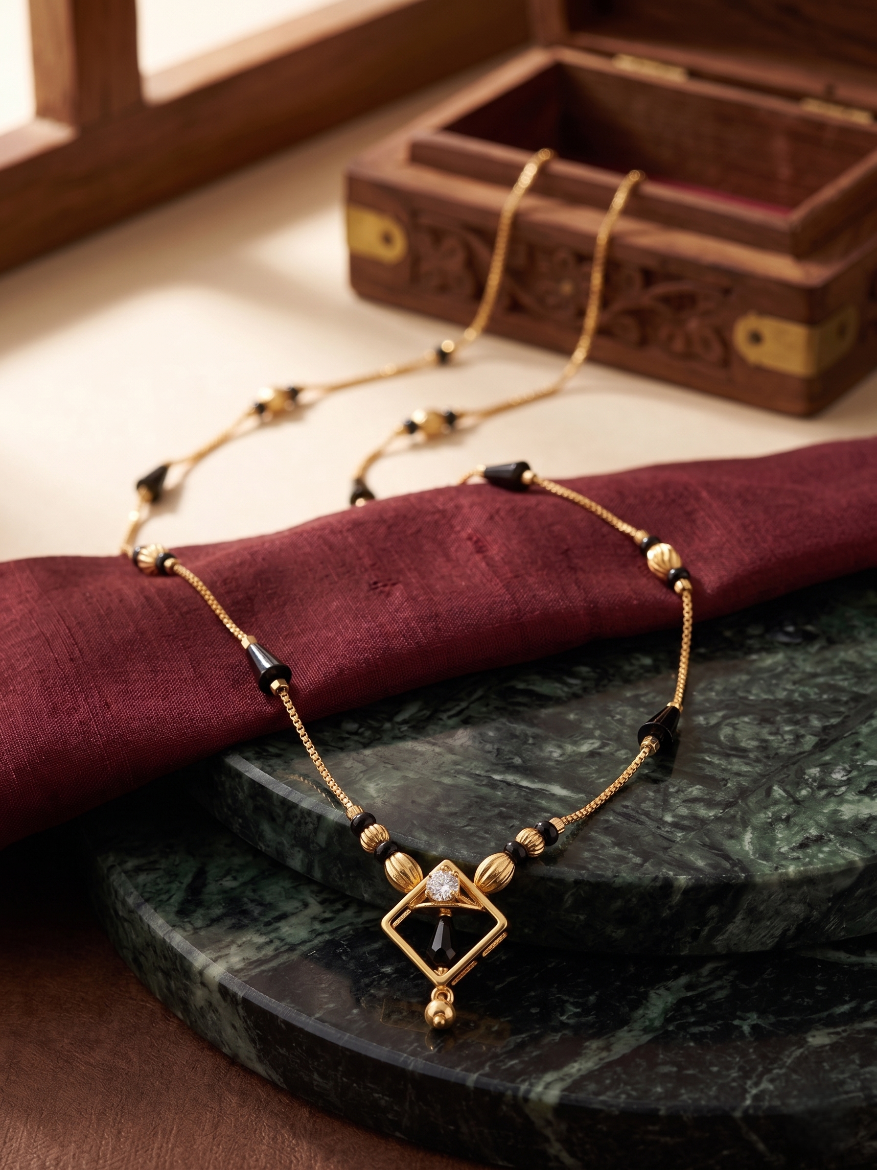 Traditional Grace – Gold & Black Bead Mangalsutra with Diamond Pendant