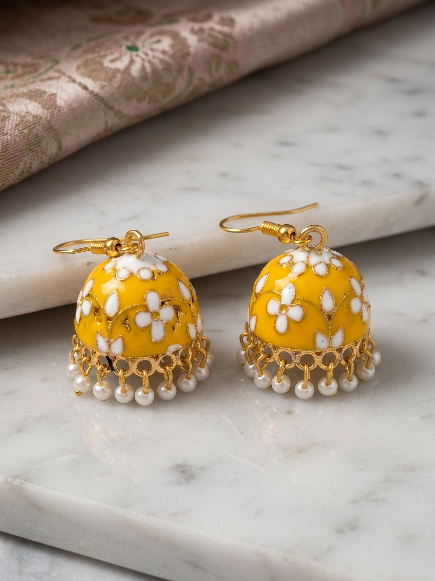 Traditional Yellow Meenakari Floral Jhumka Earrings with Pearl Drops