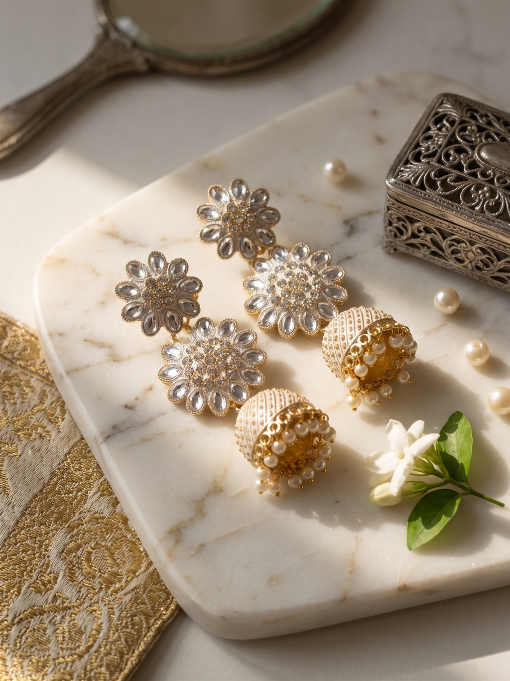 Traditional Gold-Plated White Enamel Jhumka Earrings with Crystal Flowers