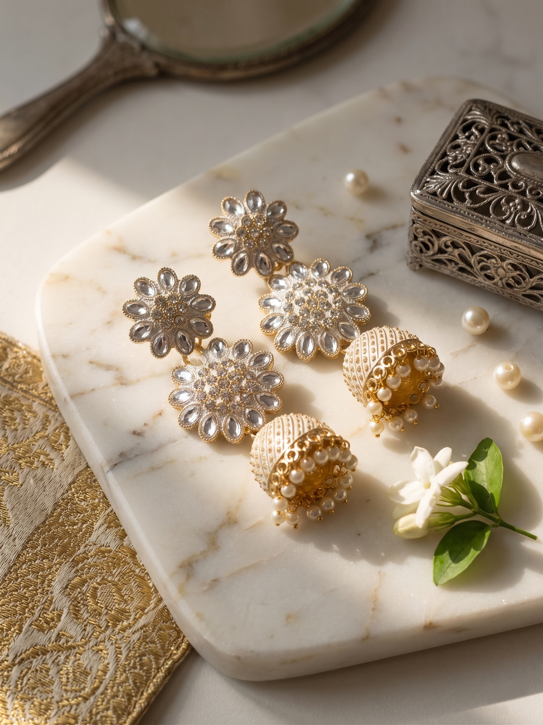 Traditional Gold-Plated White Enamel Jhumka Earrings with Crystal Flowers