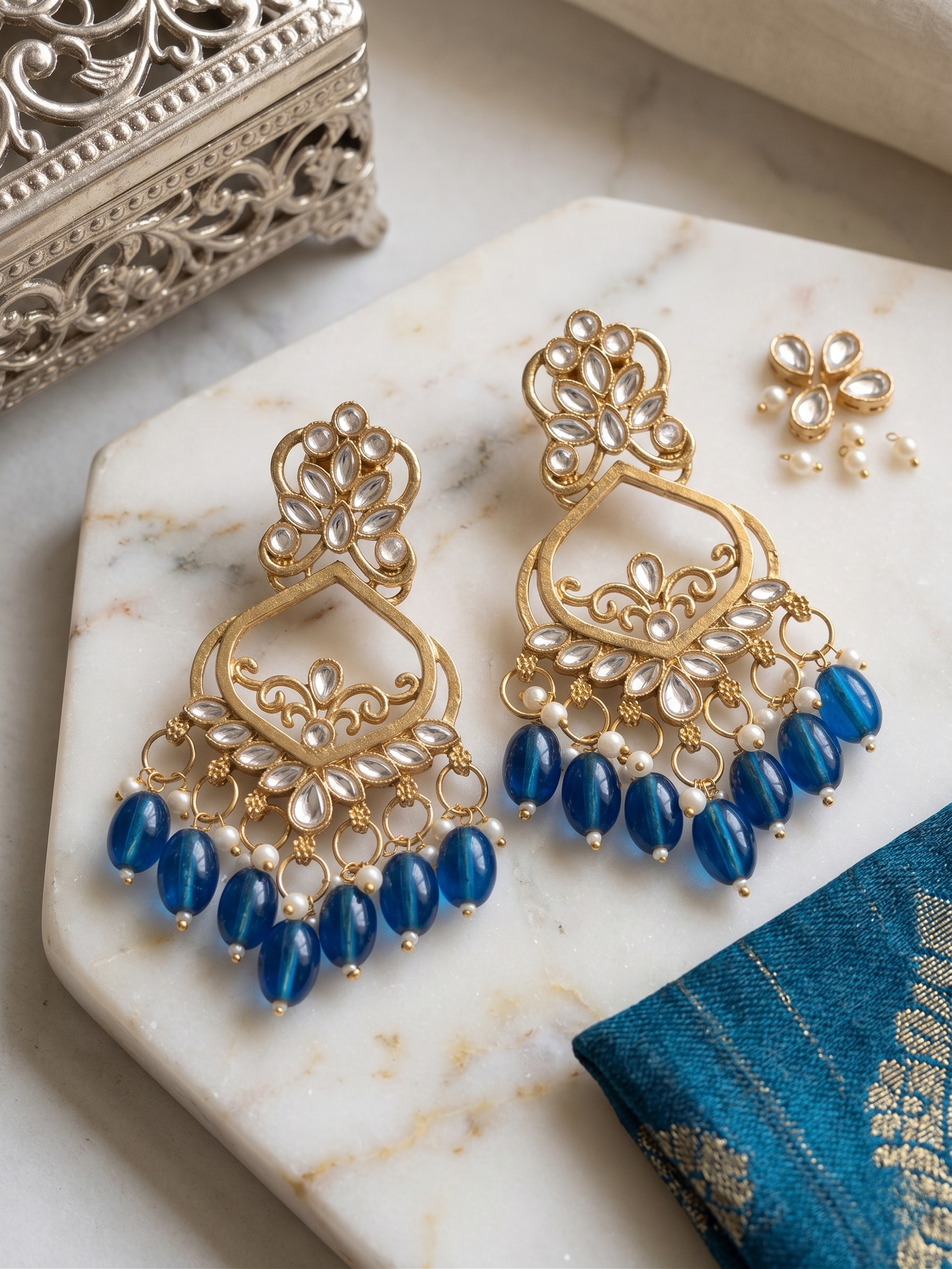 Antique Gold-Plated Royal Blue Chandbali Earrings with Kundan Accents